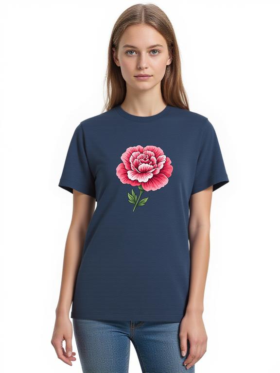Women's T-shirt Dark Blue Cotton Summer Top with Cartoon Carnation Print