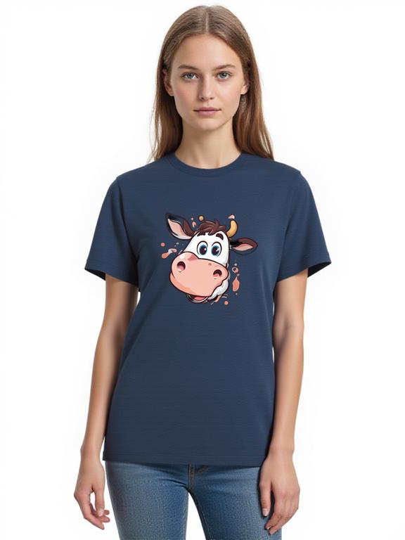 Women's T-shirt Dark Blue Cotton Summer Top with Cartoon Cow Print