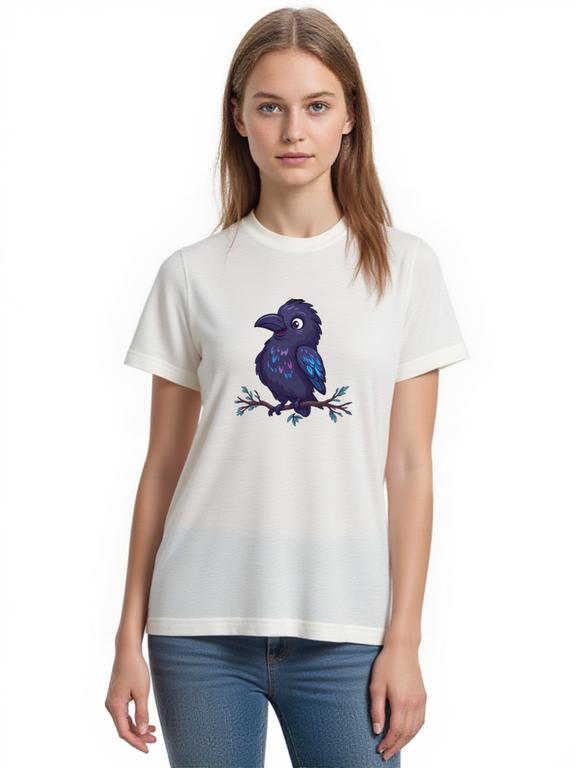 Women's T-shirt White Cotton Summer Top with Cartoon Crow Print Design