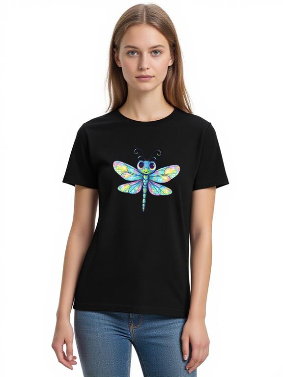 Women's T-shirt Black Cotton Summer Top with Cartoon Dragonfly Print