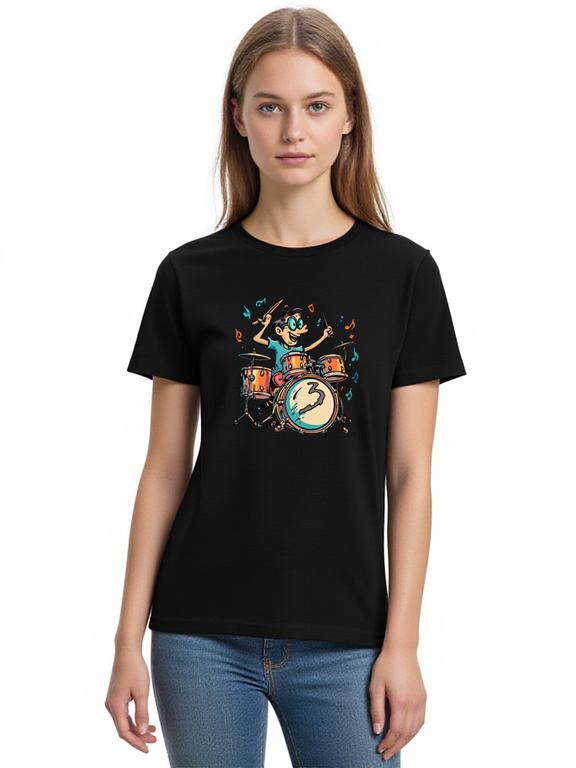 Women's T-Shirt Black Cotton Cartoon Drummer Print Summer Top