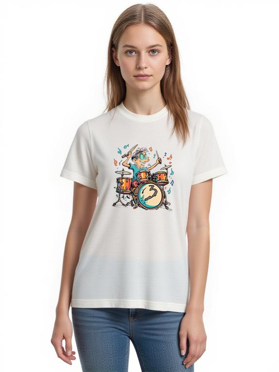 Women's T-shirt White Cotton Cartoon Drummer Print Summer Tee