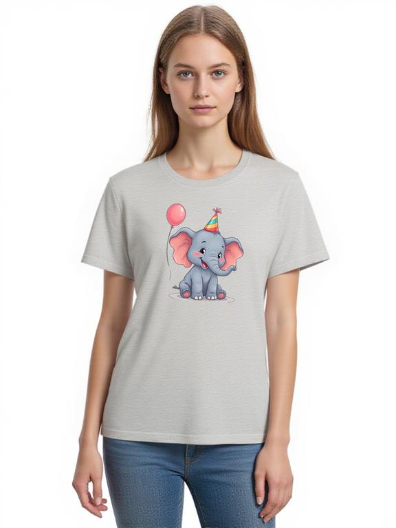 Women's T-shirt Grey Cotton Summer Top with Cartoon Elephant Print