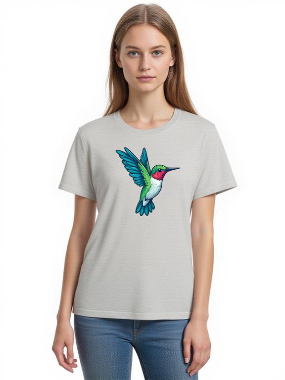 Women's T-Shirt Grey Cotton Summer Top with Cartoon Hummingbird Print