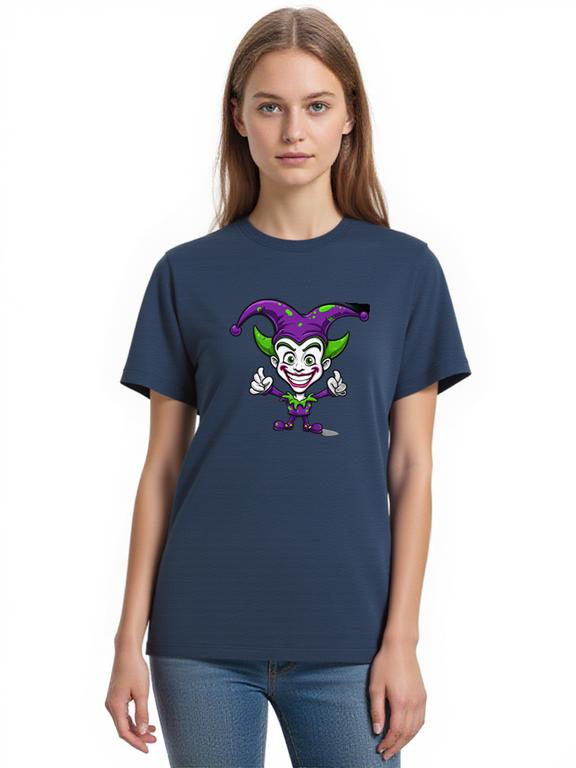 Women's T-Shirt Dark Blue Cotton Cartoon Joker Print Summer Top