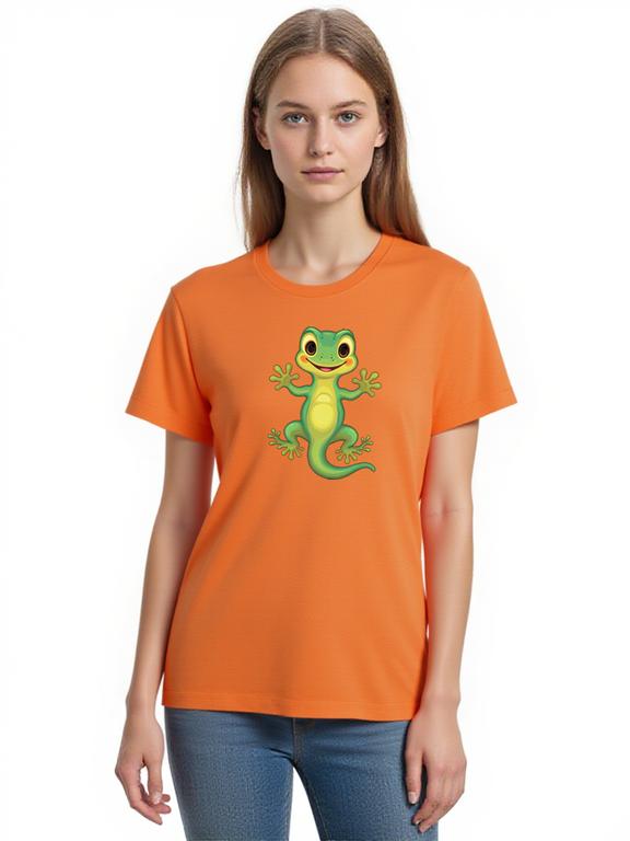 Women's T-shirt Orange Cotton Cartoon Lizard Print Summer Top