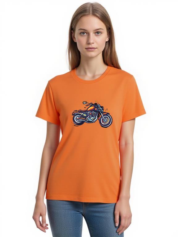 Women's T-shirt Orange Cotton Summer Top with Cartoon Motorcycle Print