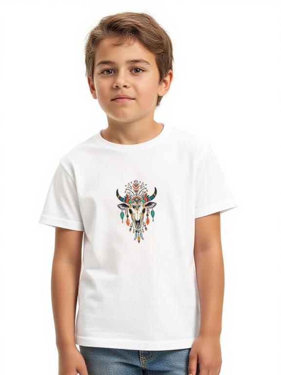 Boy's T-shirt White Cotton Summer Shirt with Cartoon Boho Cow Skull Print