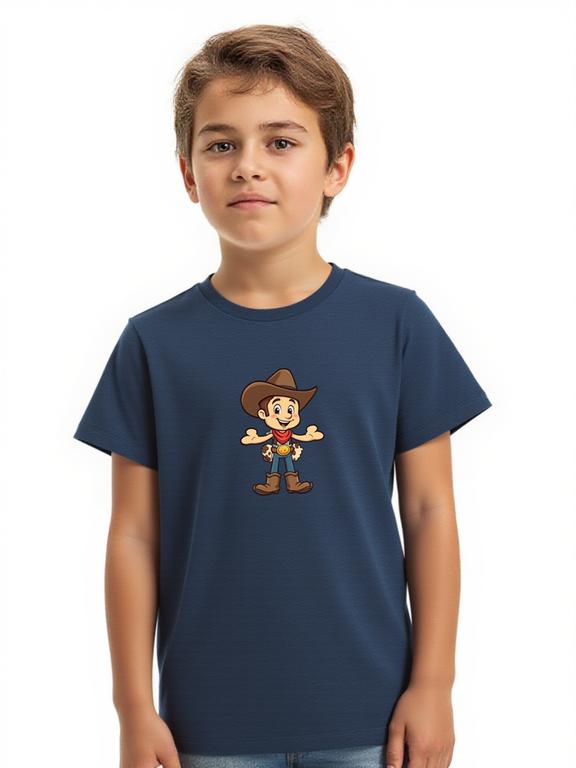 Boy's T-shirt Dark Blue Cotton Cowboy Cartoon Print Summer Top