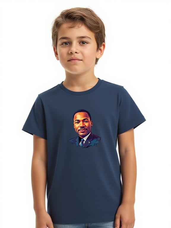 Boy's T-shirt Dark Blue Cotton Summer Shirt with Cartoon Martin Luther King Print