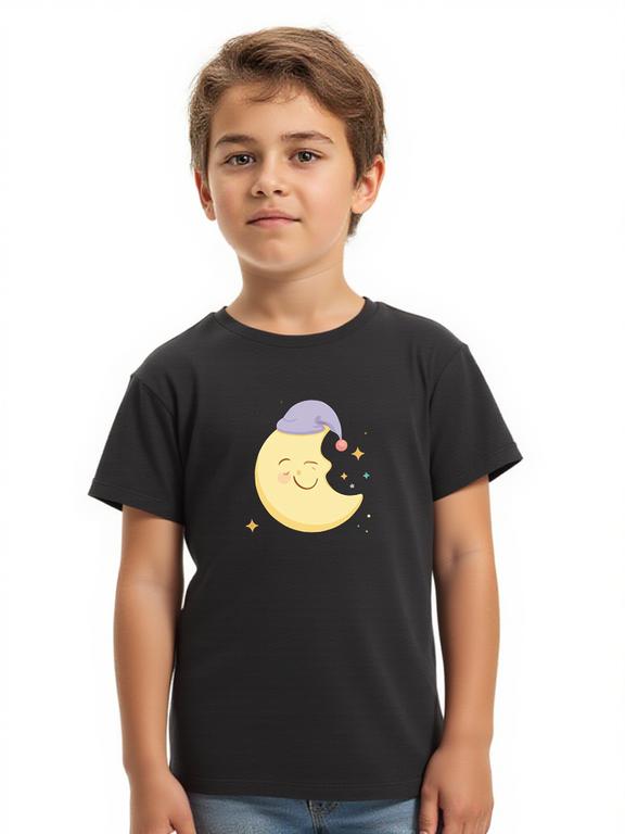 Boy's T-shirt Black Cotton Cartoon Moon Print Summer Shirt