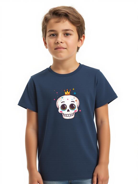 Boy's T-shirt Dark Blue Cotton Summer Tee with Cartoon Skull Print