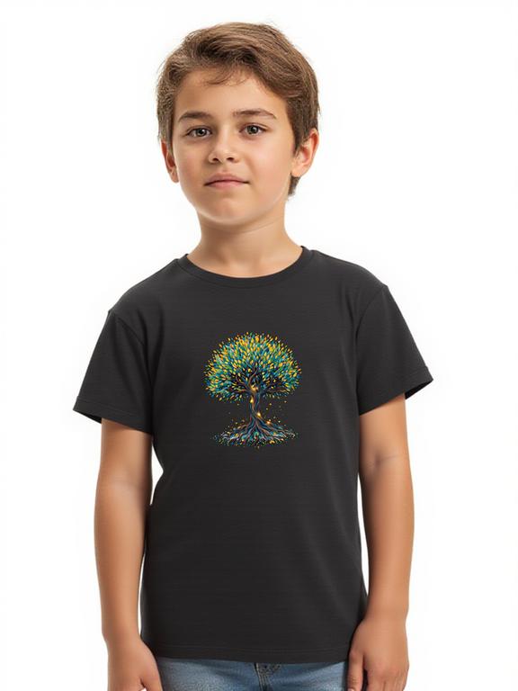 Boy's T-shirt Black Cotton Summer Tee with Cartoon Tree of Life Print