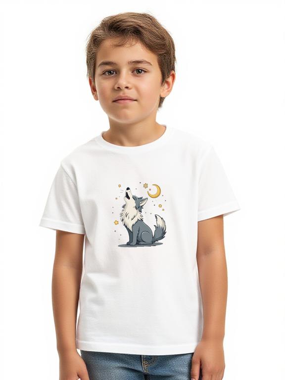 Boy's T-shirt White Cotton Wolf Cartoon Print Summer Shirt