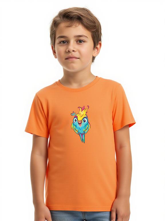 Boy's T-shirt Orange Cotton Summer Shirt with Cartoon Budgerigar Print