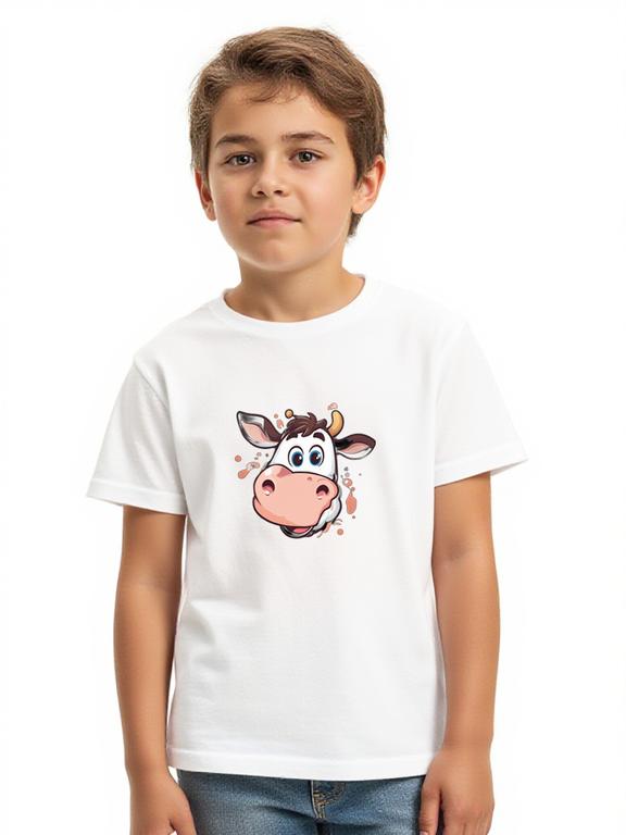 Boy's T-shirt White Cotton Summer Shirt with Cartoon Cow Print