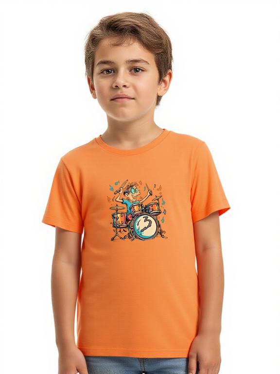 Boy's T-shirt Orange Cotton Cartoon Drummer Print Summer Top