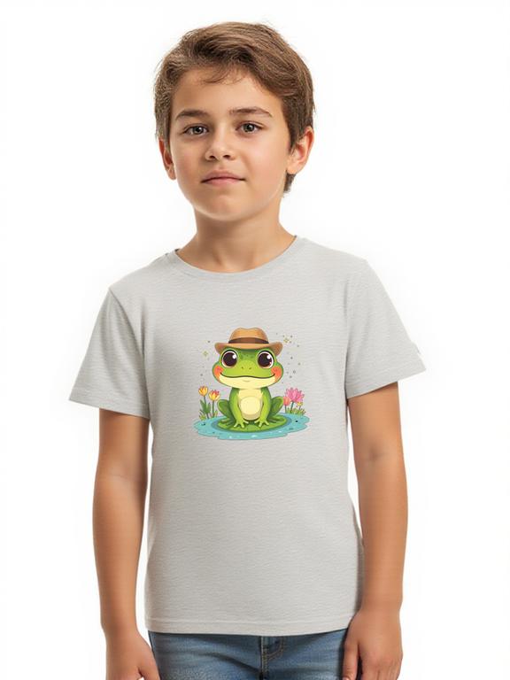 Boy's T-shirt Grey Cotton Summer Top with Cartoon Frog Print