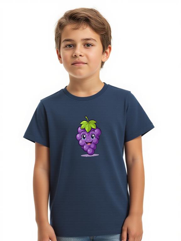 Boy's T-shirt Dark Blue Cotton Summer Shirt with Cartoon Grape Print