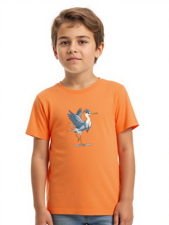 Boy's T-shirt Orange Cotton Cartoon Heron Print Summer Shirt