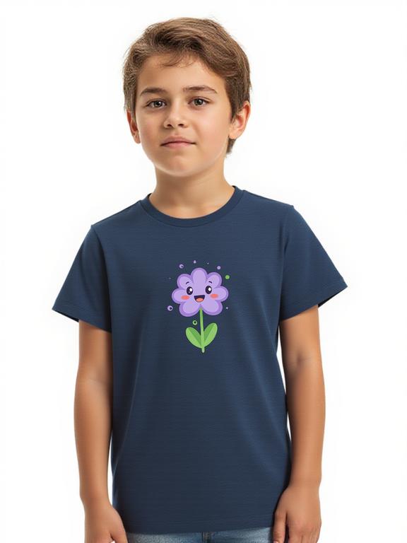 Boy's T-shirt Dark Blue Cotton Summer Top with Cartoon Lavender Print