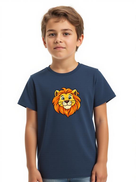 Boy's T-shirt Dark Blue Cotton Summer Top with Cartoon Lion Print