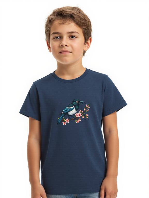 Boy's T-shirt Dark Blue Cotton Summer Shirt with Cartoon Magpie Print