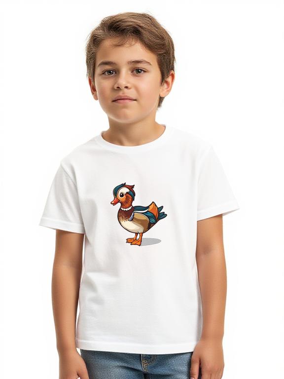 Boy's T-shirt White Cotton Summer Tee with Cartoon Mandarin Duck Print