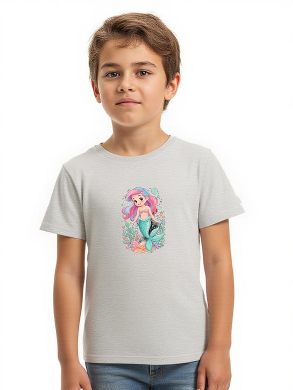 Boy's T-shirt Grey Cotton Cartoon Mermaid Print Summer Top