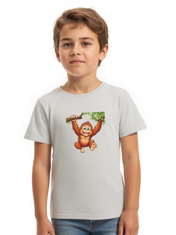 Boy's Grey Cotton T-shirt with Cartoon Orangutan Print for Summer