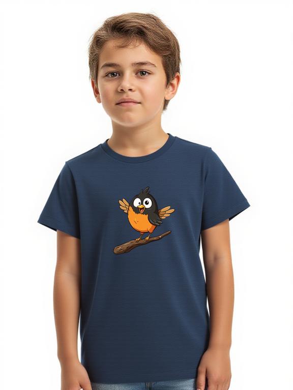 Boy's T-shirt Dark Blue Cotton Summer Shirt with Cartoon Oriole Print