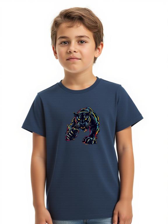 Boy's T-shirt Dark Blue Cotton Summer Top with Cartoon Panther Print