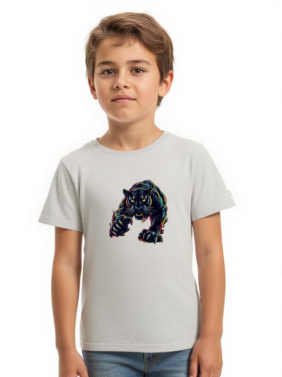 Boy's T-shirt Grey Cotton Cartoon Panther Print Summer Top