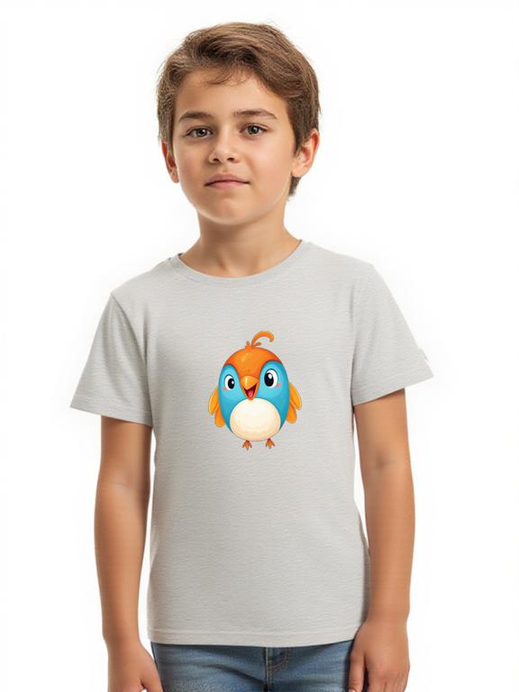 Boy's T-shirt Grey Cotton Cartoon Sparrow Print Summer Top