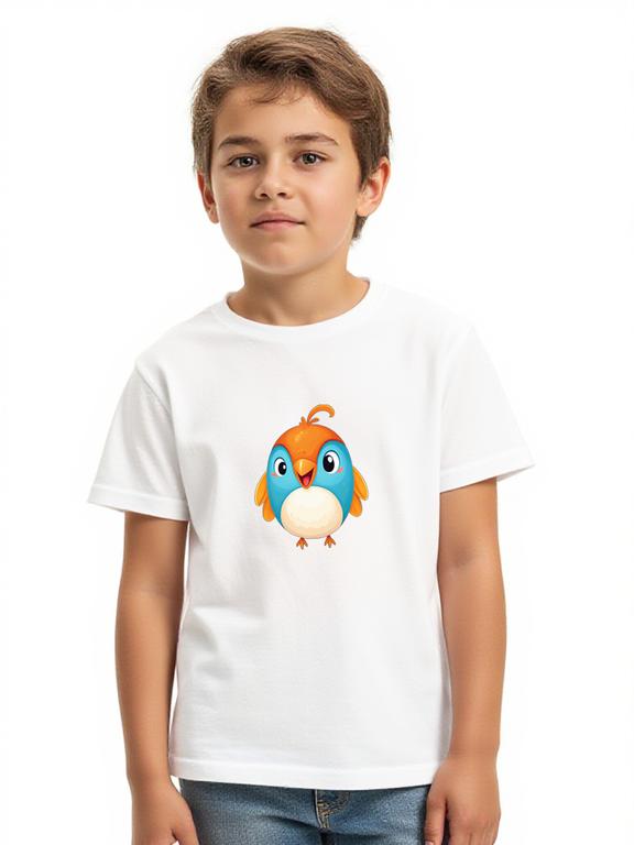 Boy's T-shirt White Cotton Cartoon Sparrow Printed Summer Tee