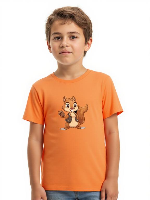 Boy's T-shirt Orange Cotton Cartoon Squirrel Print Summer Top