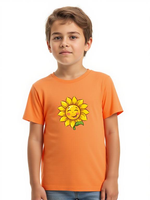 Boy's T-shirt Orange Cotton Cartoon Sunflower Print Summer Top