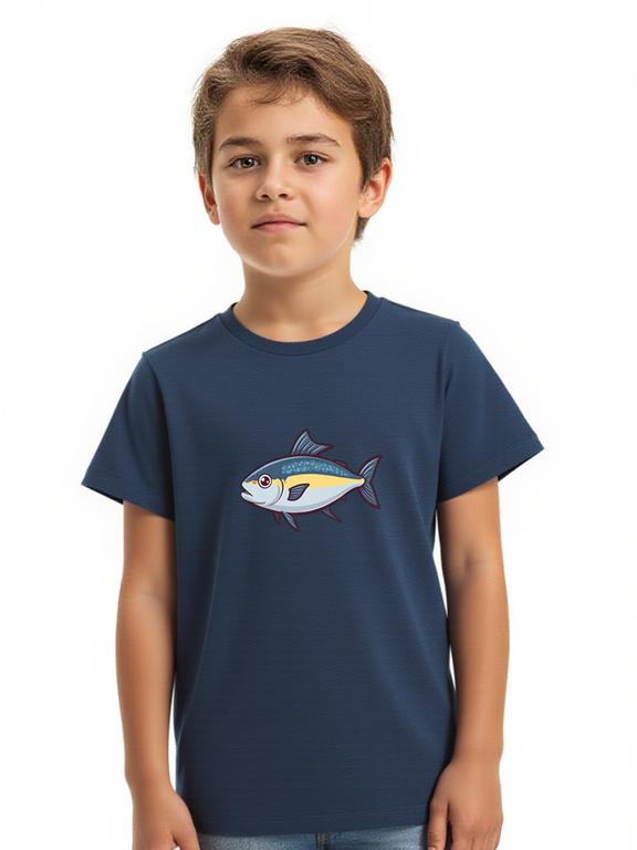 Boy's T-shirt Dark Blue Cotton Cartoon Tuna Print Summer Top
