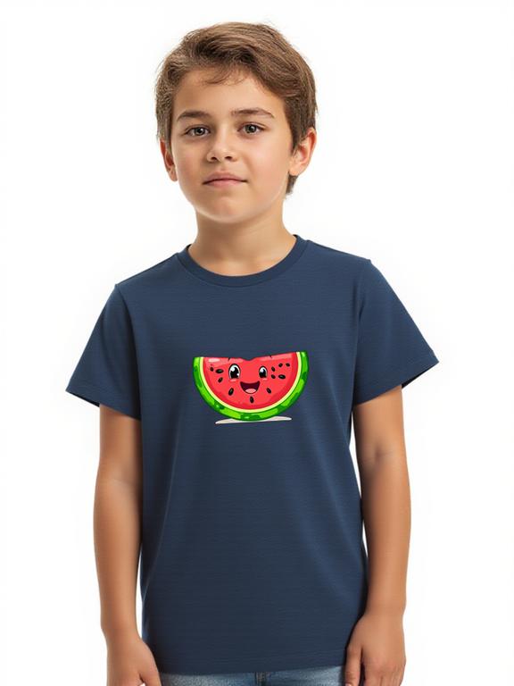 Boy's T-shirt Dark Blue Cotton Summer Shirt with Cartoon Watermelon Print